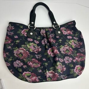 Vintage LUCKY Hobo Floral Cotton Black Tote Bag Leather Trim and Straps